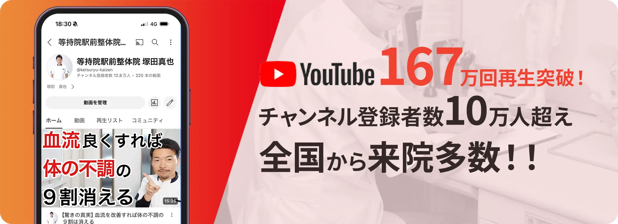 YouTube 167万回再生突破！ チャンネル登録者10万人超え 全国から来院多数